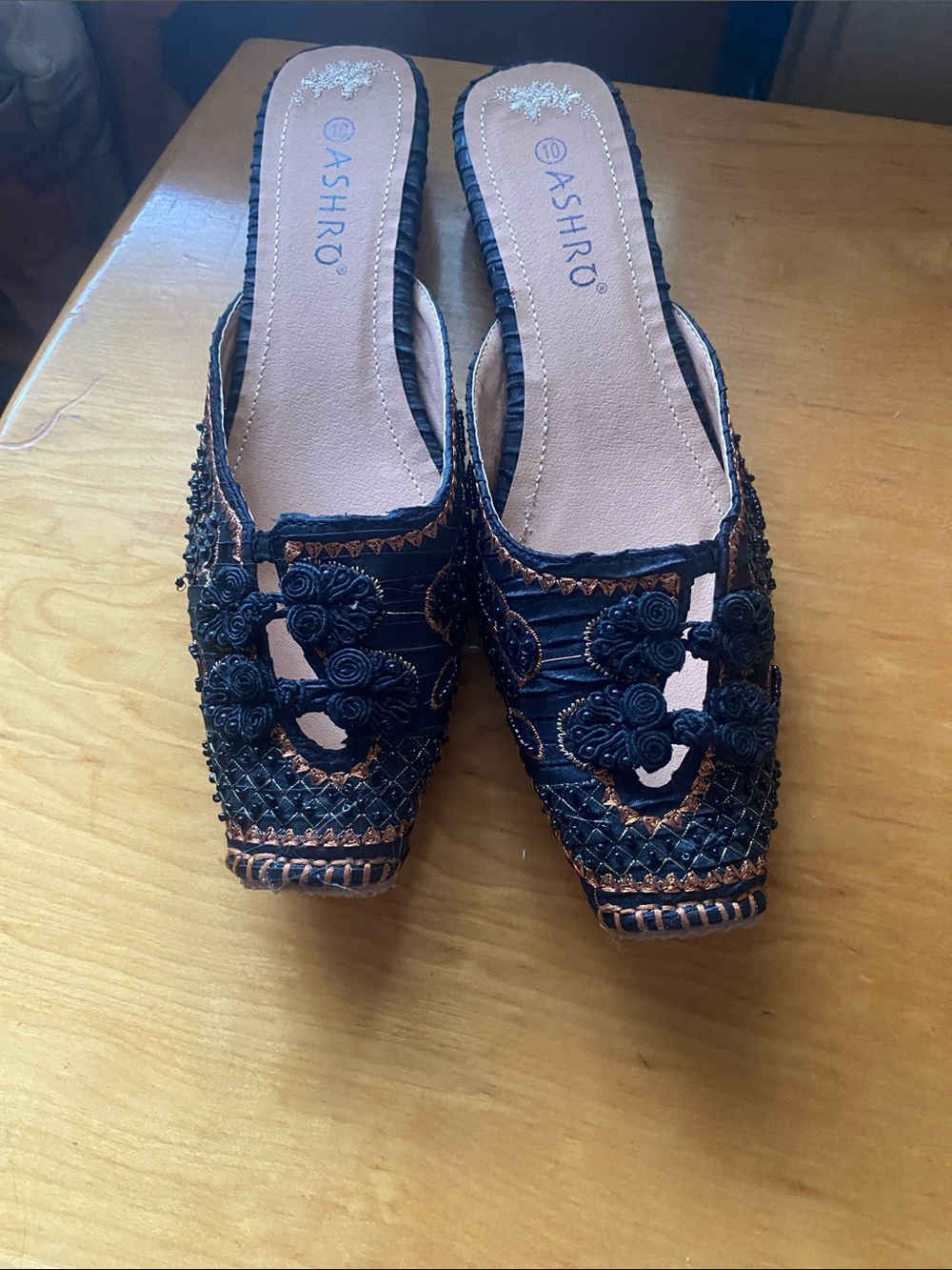 Ashro Black and Brown Embroidered Slip-On Mules